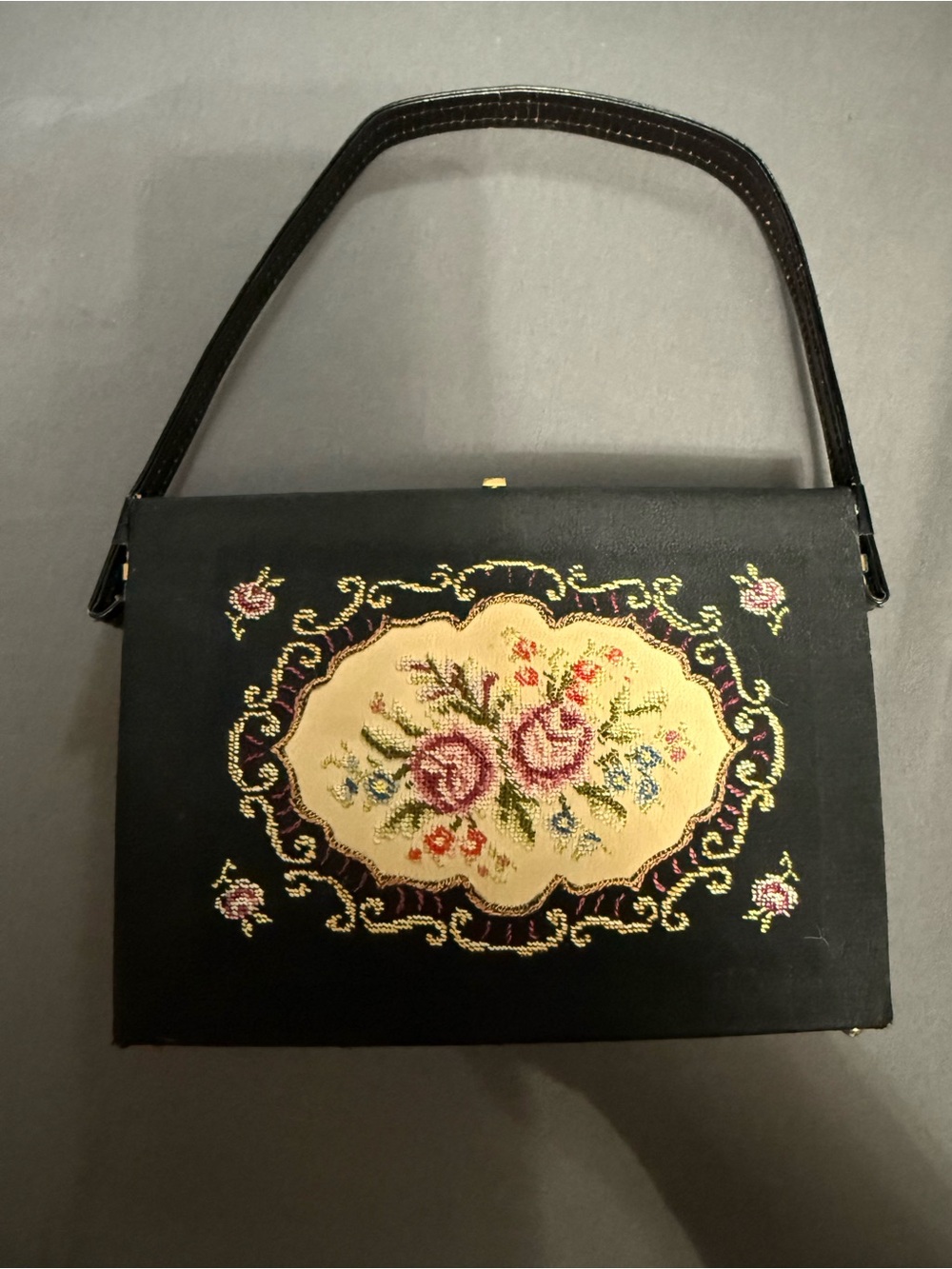Vintage Black Floral Needlepoint Top-Handle Bag